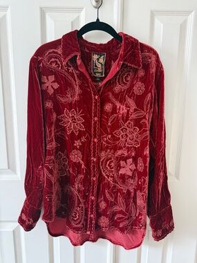 Johnny Was Velvet Relaxed Heavily Embroidered Button Up Shirt, Size S, NWT, $378